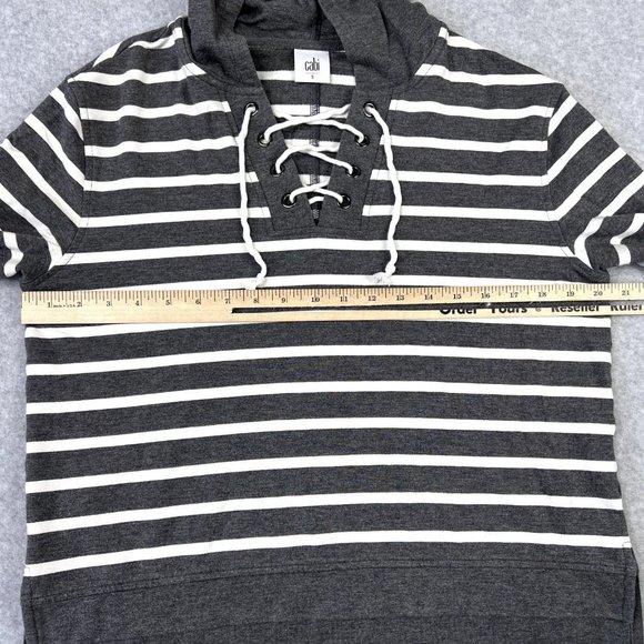 CAbi Womens #5324 Windward Hoodie Top Size Small Gray White Striped Lace Up Neck - Picture 8 of 9